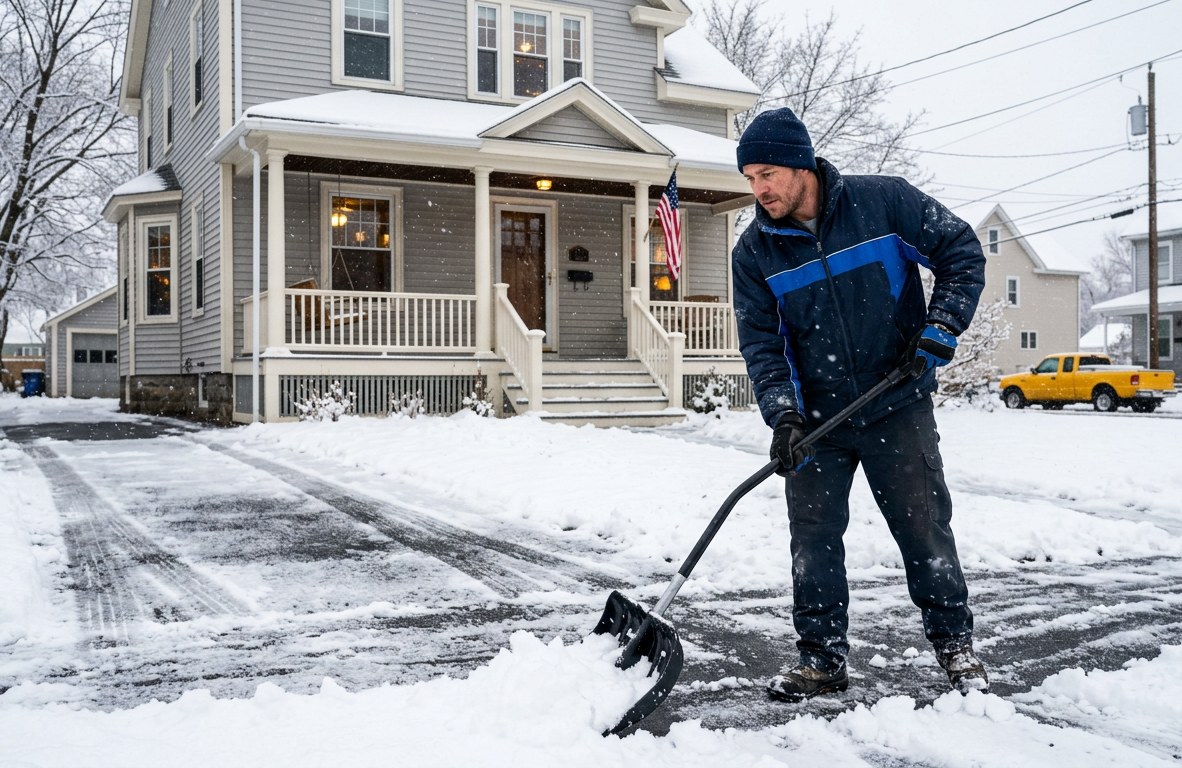 Snow removal crew clearing a residential driveway in Holyoke, Massachusetts with a plow truck