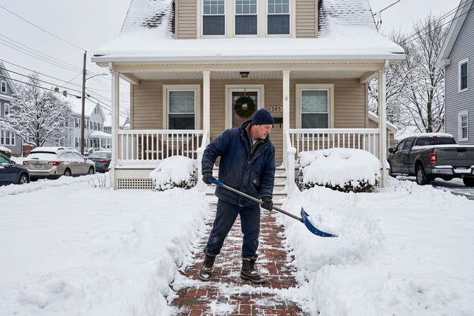 Worker shoveling a residential walkway in front of a New England home