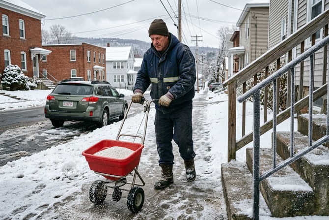 Worker spreading de-icing salt on a walkway and steps in winter