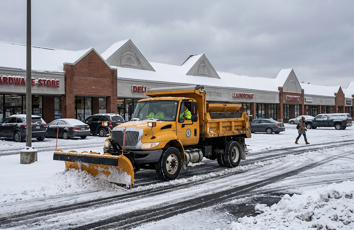 Snow-covered commercial parking lot being cleared by a plow truck in Holyoke