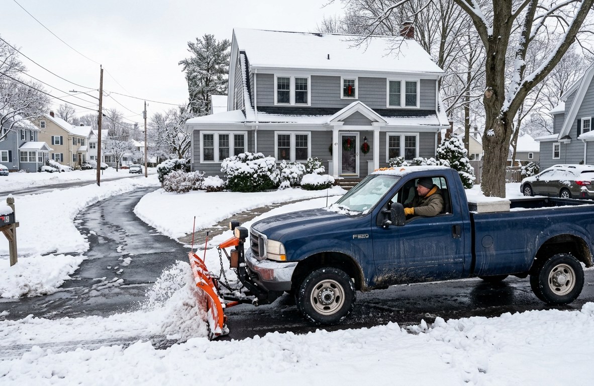 Plow truck clearing a residential driveway in a snowy New England neighborhood