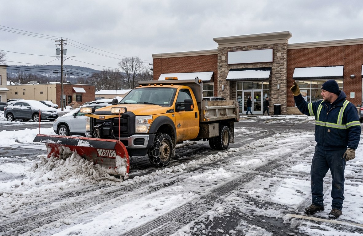 Plow truck clearing a commercial parking lot in front of a storefront