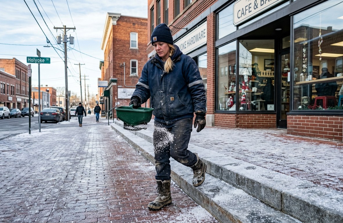 Worker spreading de-icing salt on a commercial walkway and steps in winter