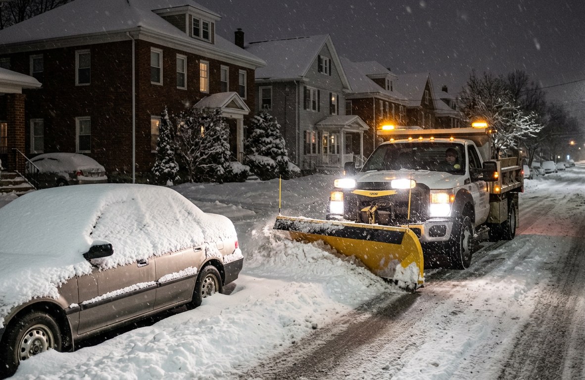 Snow removal truck with plow blade working through heavy snow at night