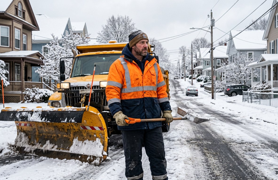 Snow removal crew member in winter gear standing beside a plow truck in a snowy neighborhood