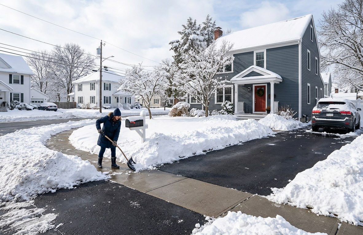 Clear driveway and walkway after a snowstorm in a New England neighborhood